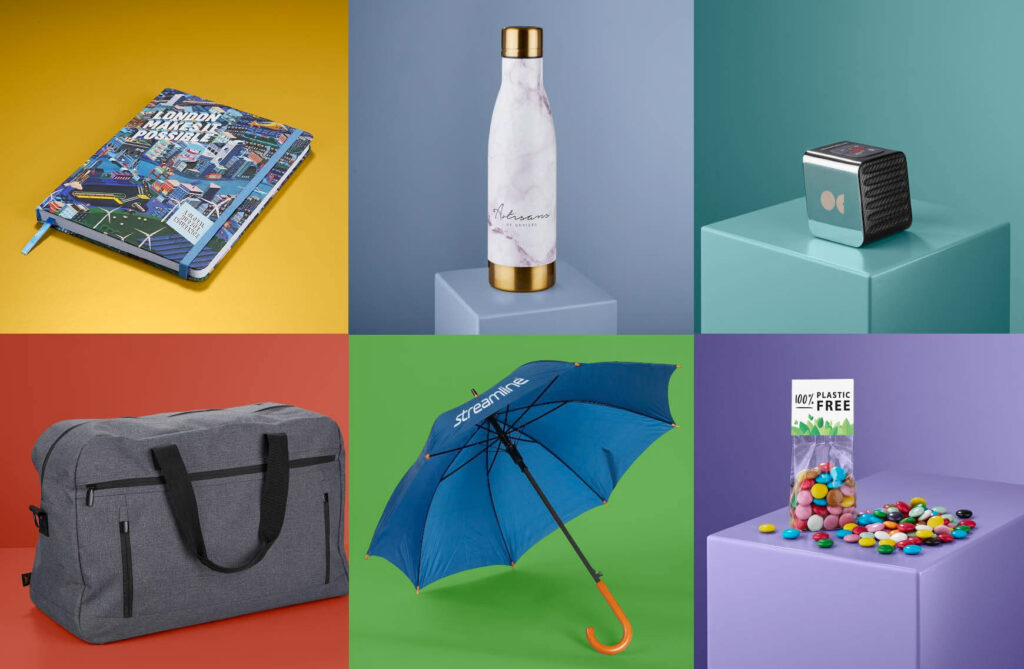 Collection of branded trade show giveaway products and promotional merchandise