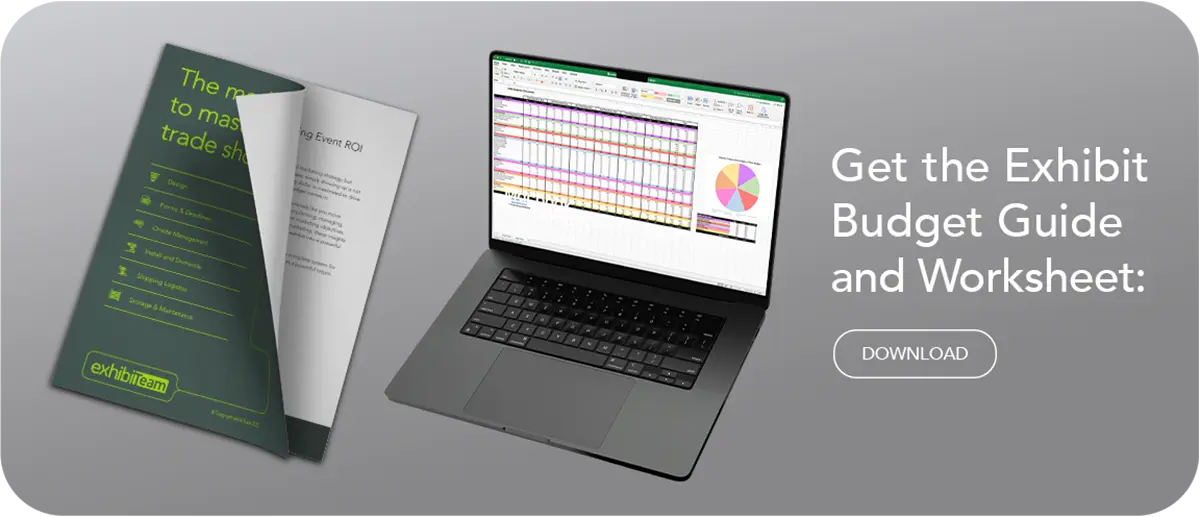 Exhibit budget guide and worksheet displayed beside laptop spreadsheet