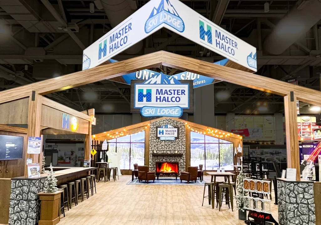 Large custom Halo branded exhibition booth with wood frame structure