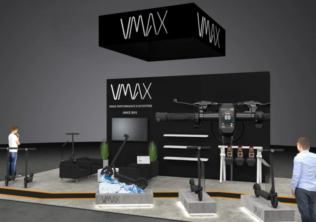 Modern black VMAX trade show booth with suspended branded signage