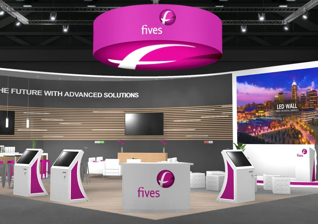 Fives branded exhibition booth with magenta overhead circular hanging sign
