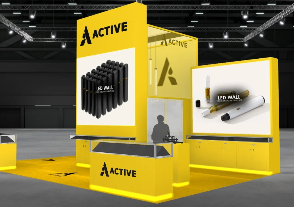 Yellow Active trade show booth concept with prominent branded product panels