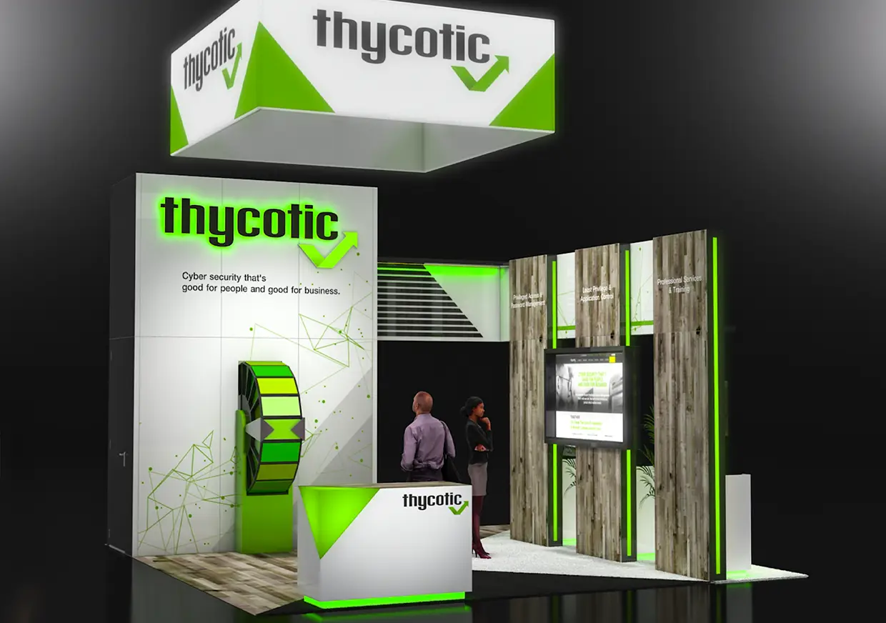 Rendered Thycotic exhibition booth with green illuminated branding and displays